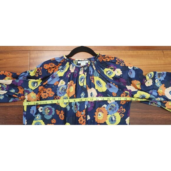 Creme Fraiche Size S Floral Pink Yellow Orange Navy Women Top Blouse 100% Silk - Picture 9 of 10